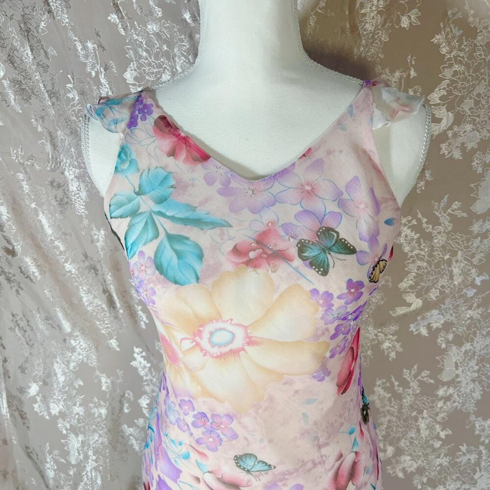 y2k Vintage Yubeier Butterfly Pink Chiffon Asymmetrical Dress Sequins Size M