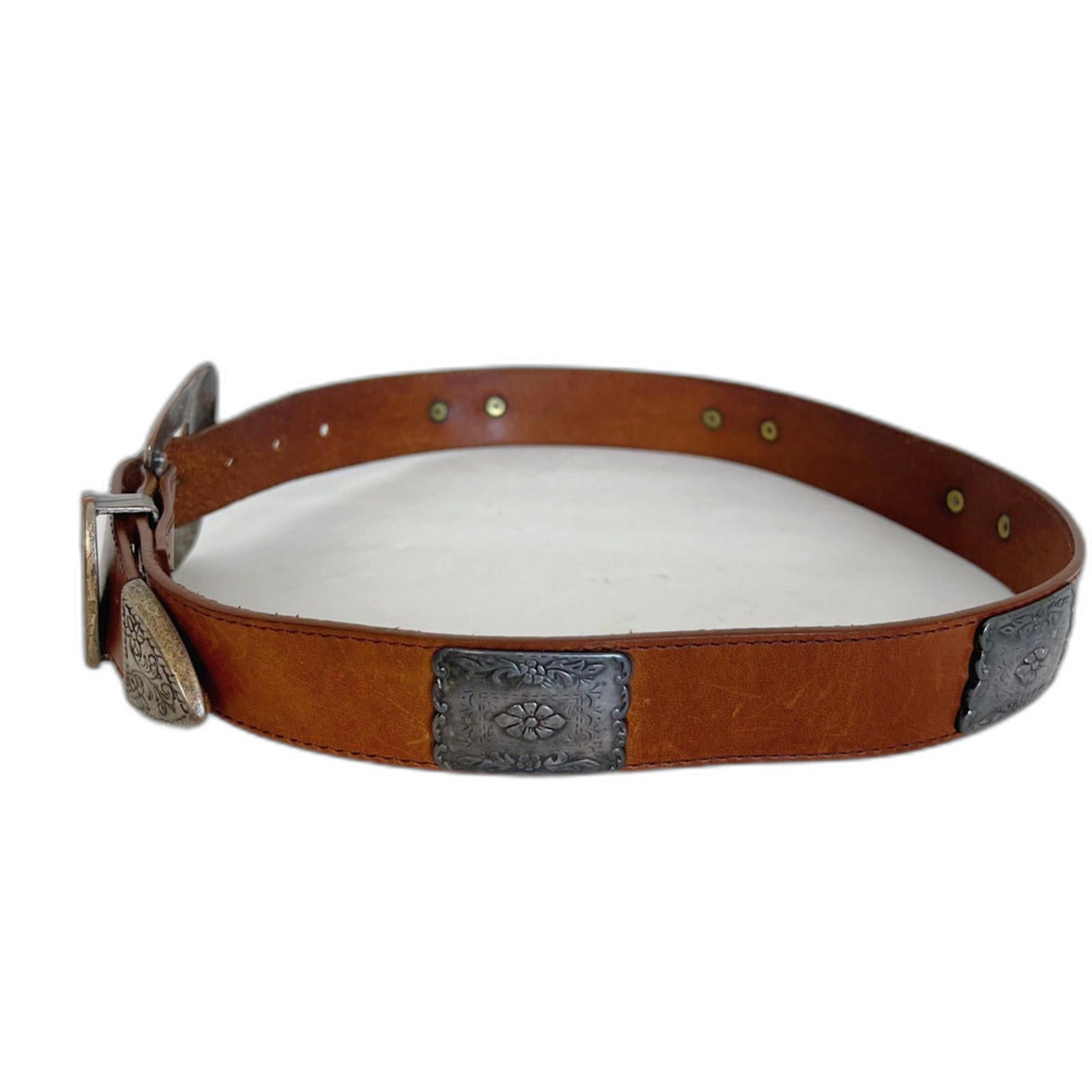 Vintage Brown Leather Belt Floral Engraved Western Country Size 30