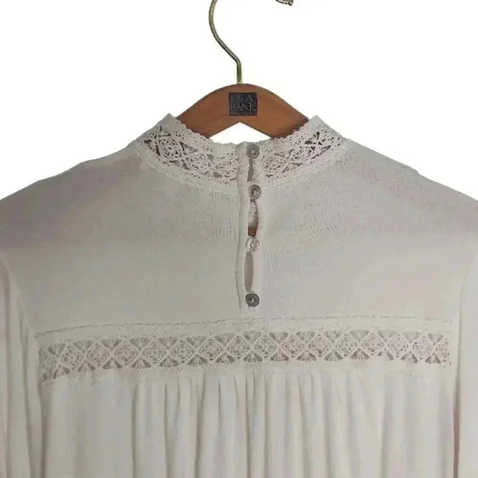 Eri + Ali White High Neck Flowy Peasant Blouse Lace Cottagecore Coquette Size M