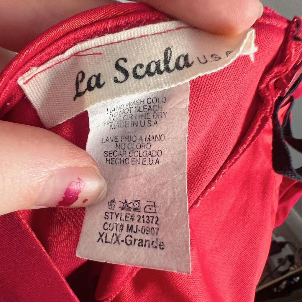 1980s Vintage La Scala Red Strapless Ruched Cocktail Dress Ruffled Top Size XL