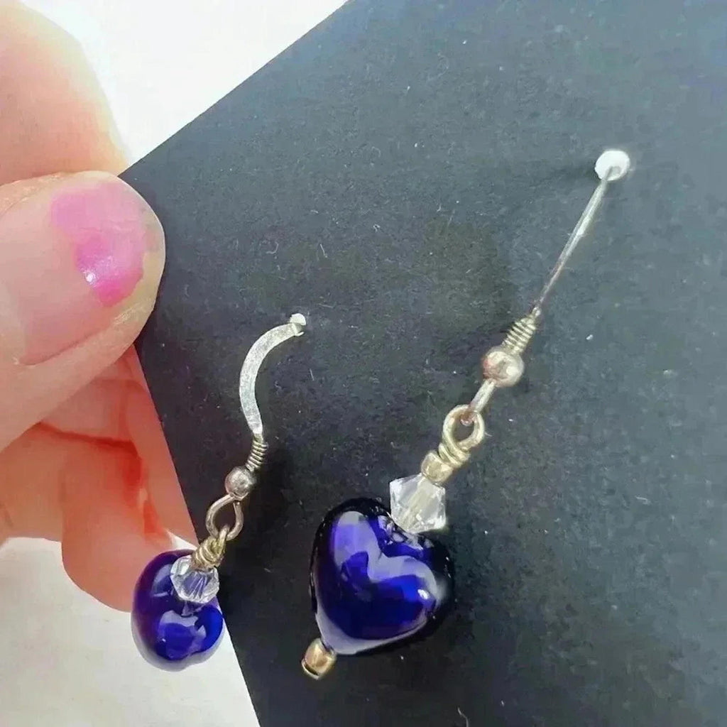 Blue Glass Heart Earrings Dangling Boho Chic Bohemian