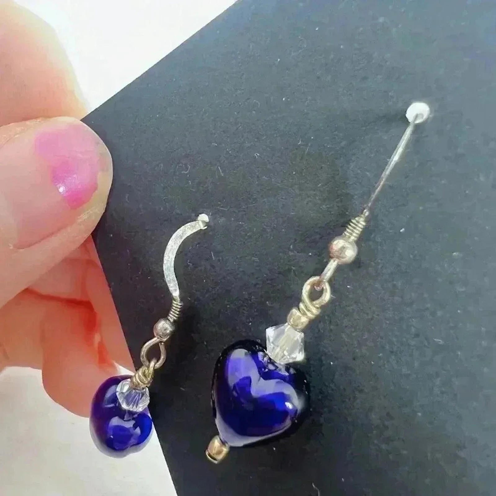 Blue Glass Heart Earrings Dangling Boho Chic Bohemian
