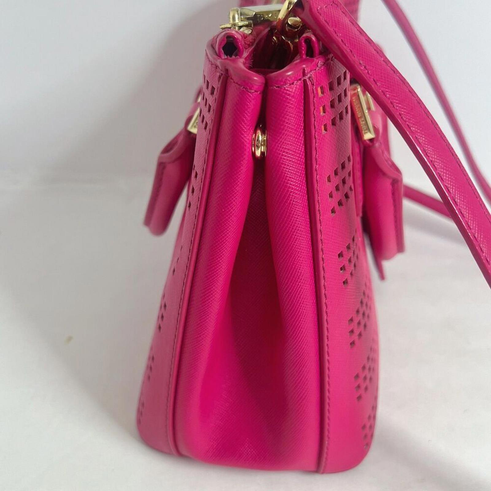 Tory Burch Robinson Fuchsia Double Zip Perforated Handbag Pink Leather Purse