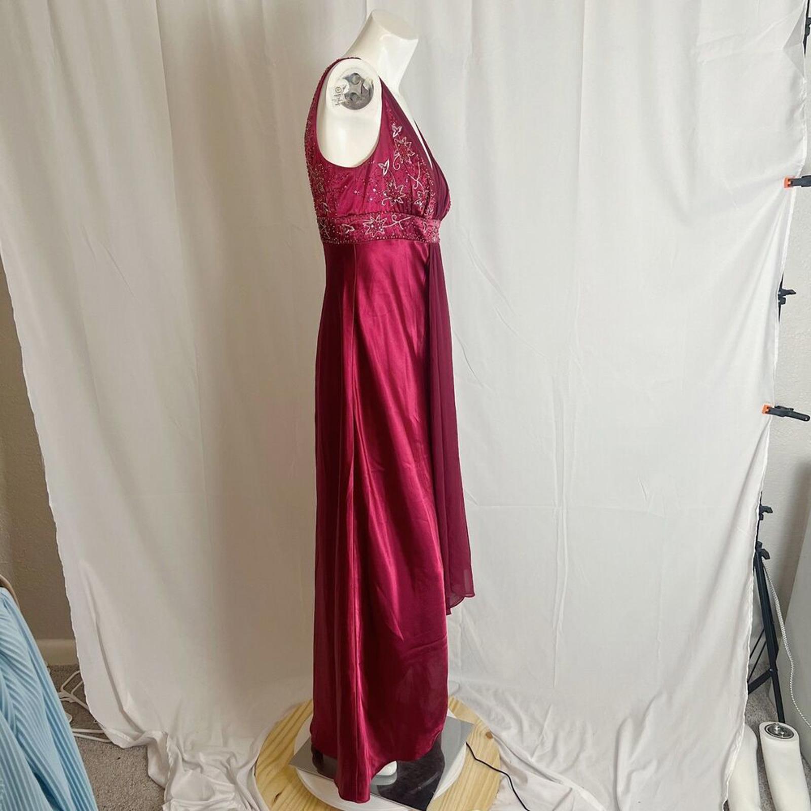 y2k Vintage Marina Bright Burgundy Satin Evening Gown Beaded Whimsygoth Size 12