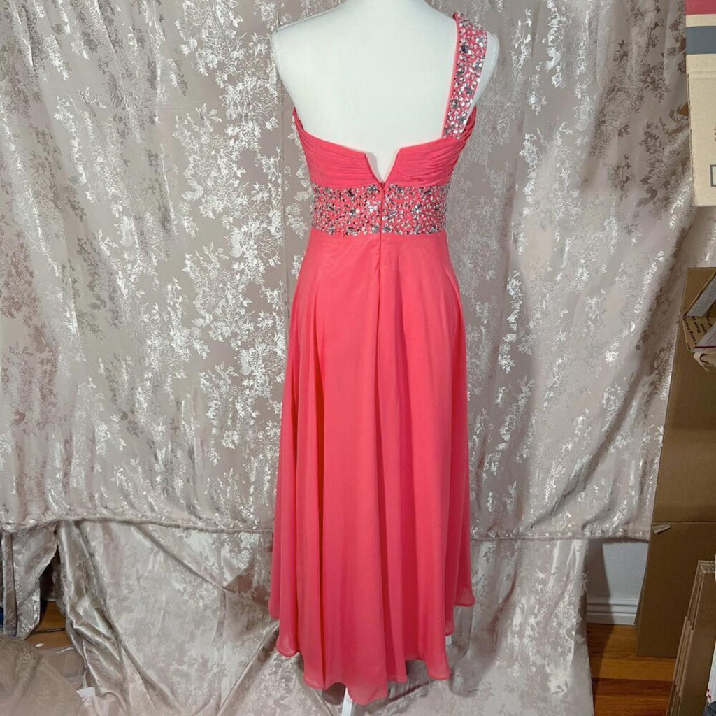 Coral Chiffon Asymmetrical One Shoulder Rhinestone Gown Prom Dress Size 6