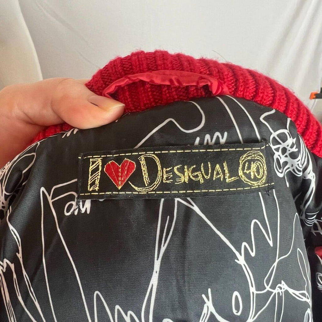 Desigual Women's Coat Marlene Borgona Red Faux Fur Hood Puffer Jacket Size 8 US