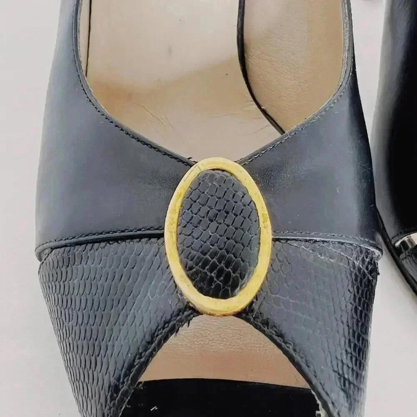 Ferragamo Vintage Leather Slingback Peep Toe Heels Gold Emblem Women's Size 6.5