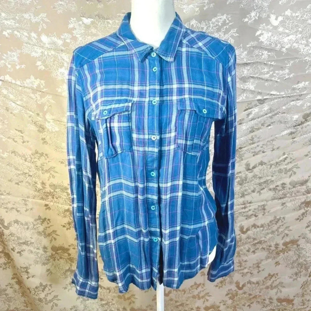 PAIGE Denim Mya Plaid Pocket Long Sleeve Shirt Nocturnal Blue Fog Size M