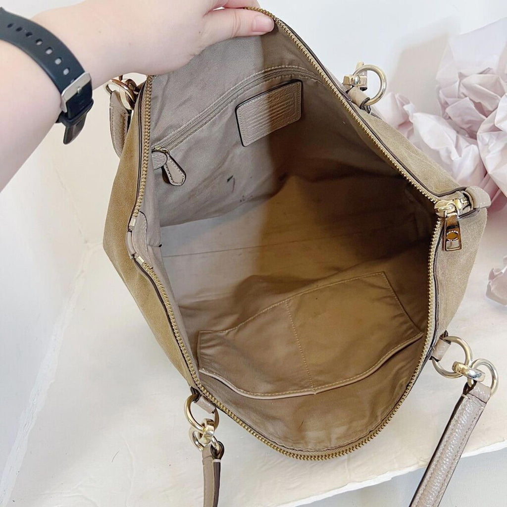 Coach Ava Tote in Taupe Leather and Suede Mixed Fabric Shoulder Bag Purse