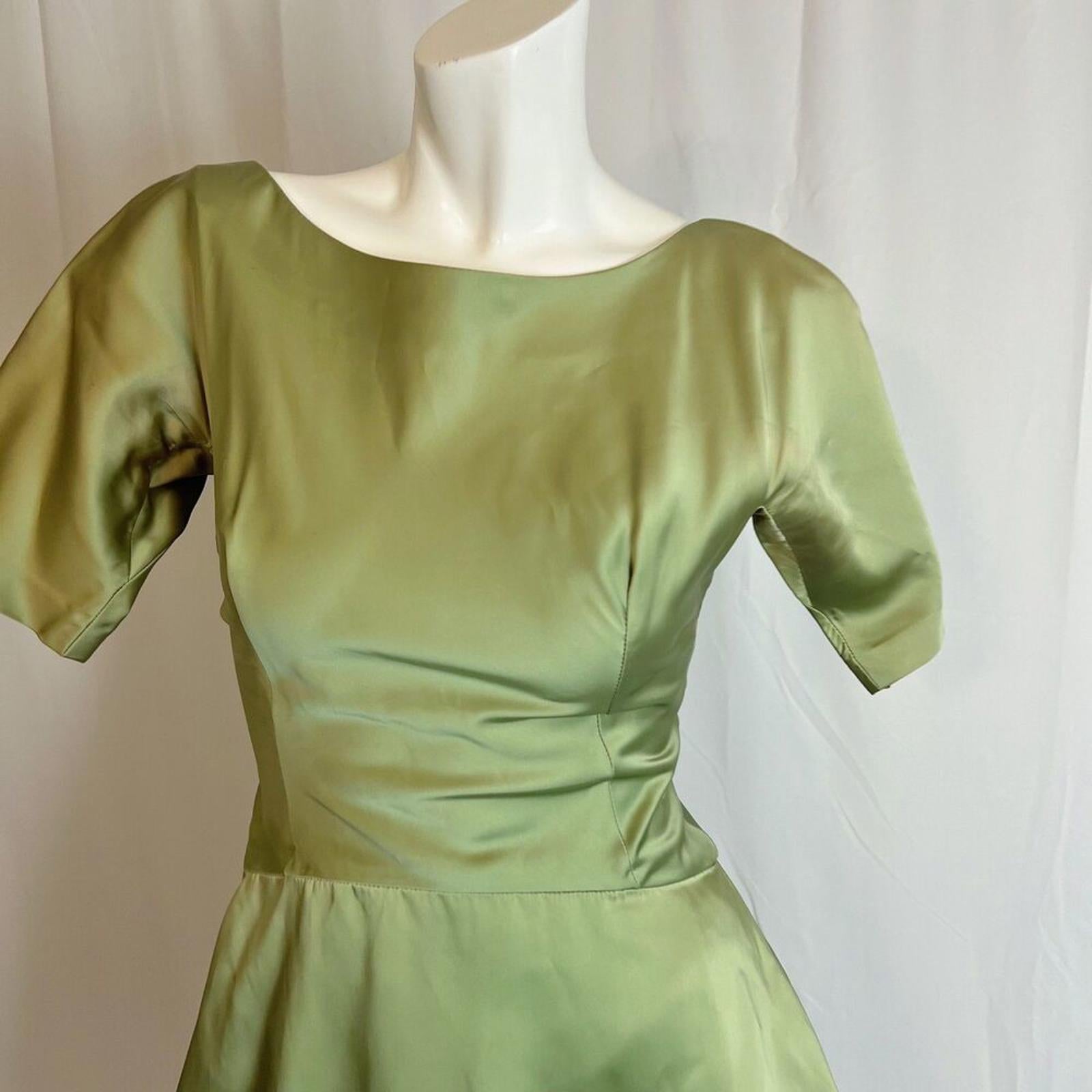 Vintage 1960s Green A Line Dress Bow Back Satin Knee Length Women's Size 11