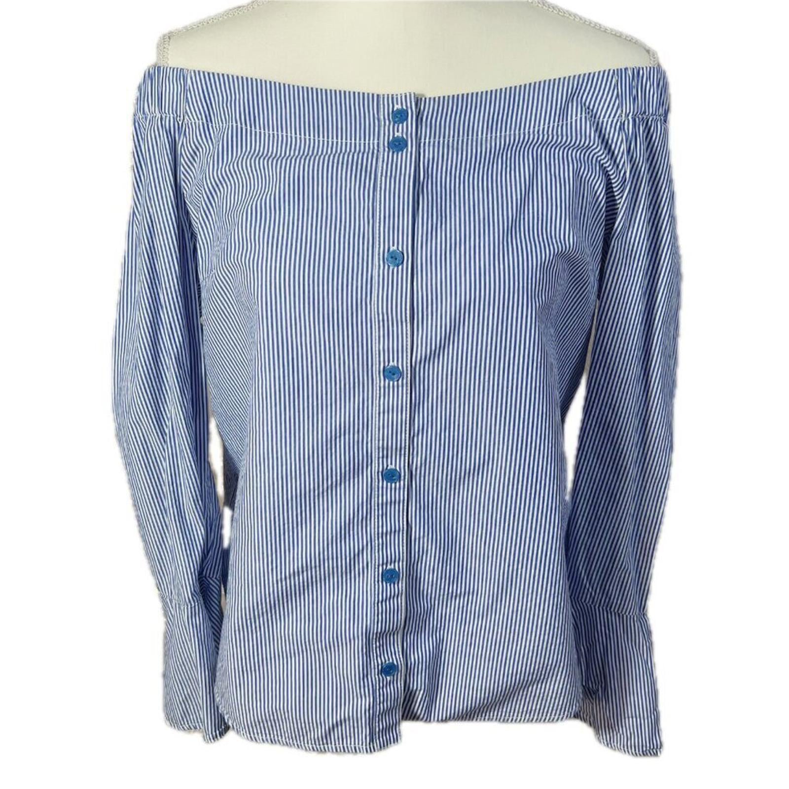 Sanctuary Blue and White Stripes Button Up Off Shoulder Blouse Women's Size S