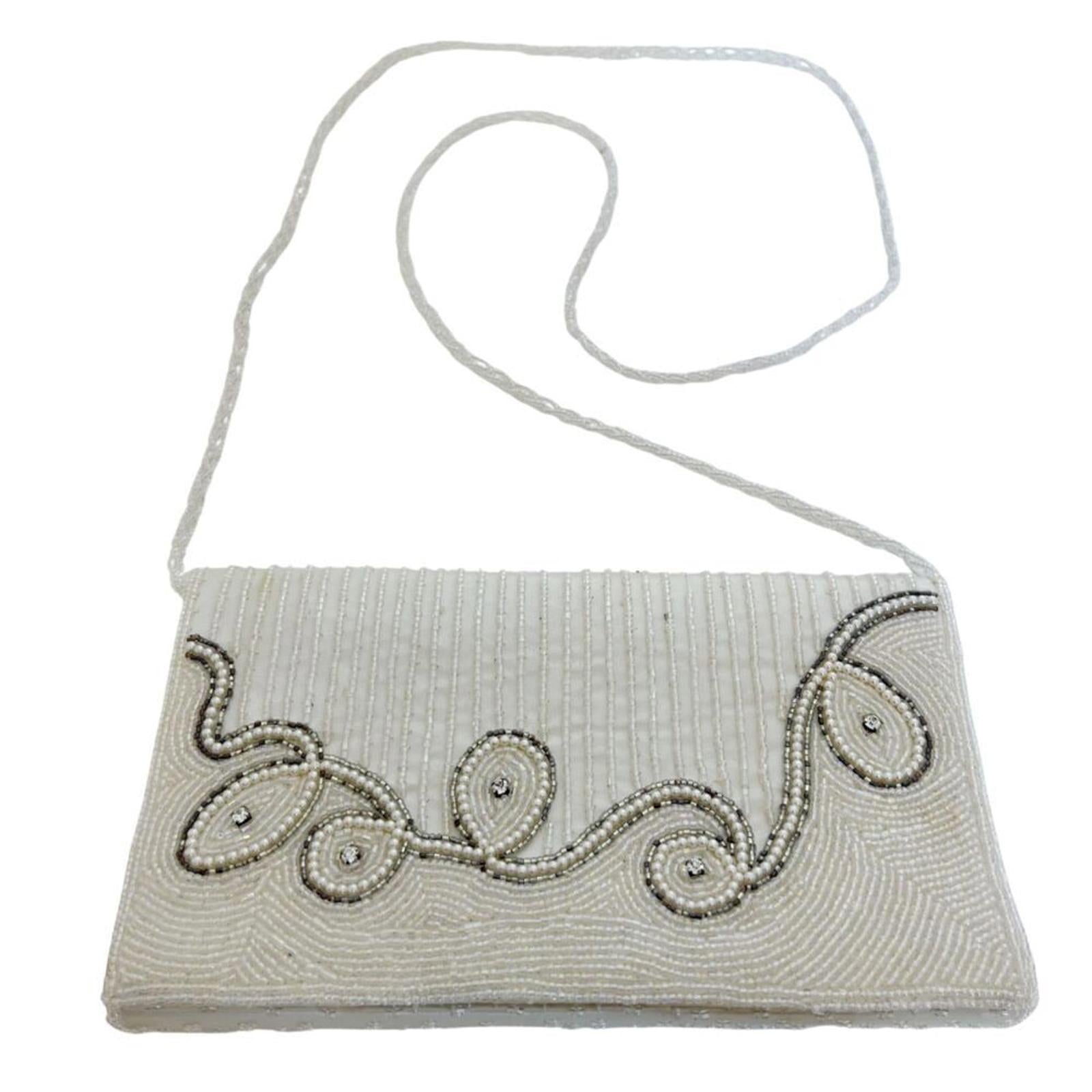 Vintage 80s La Regale White Beaded Evening Bag Clutch Structured