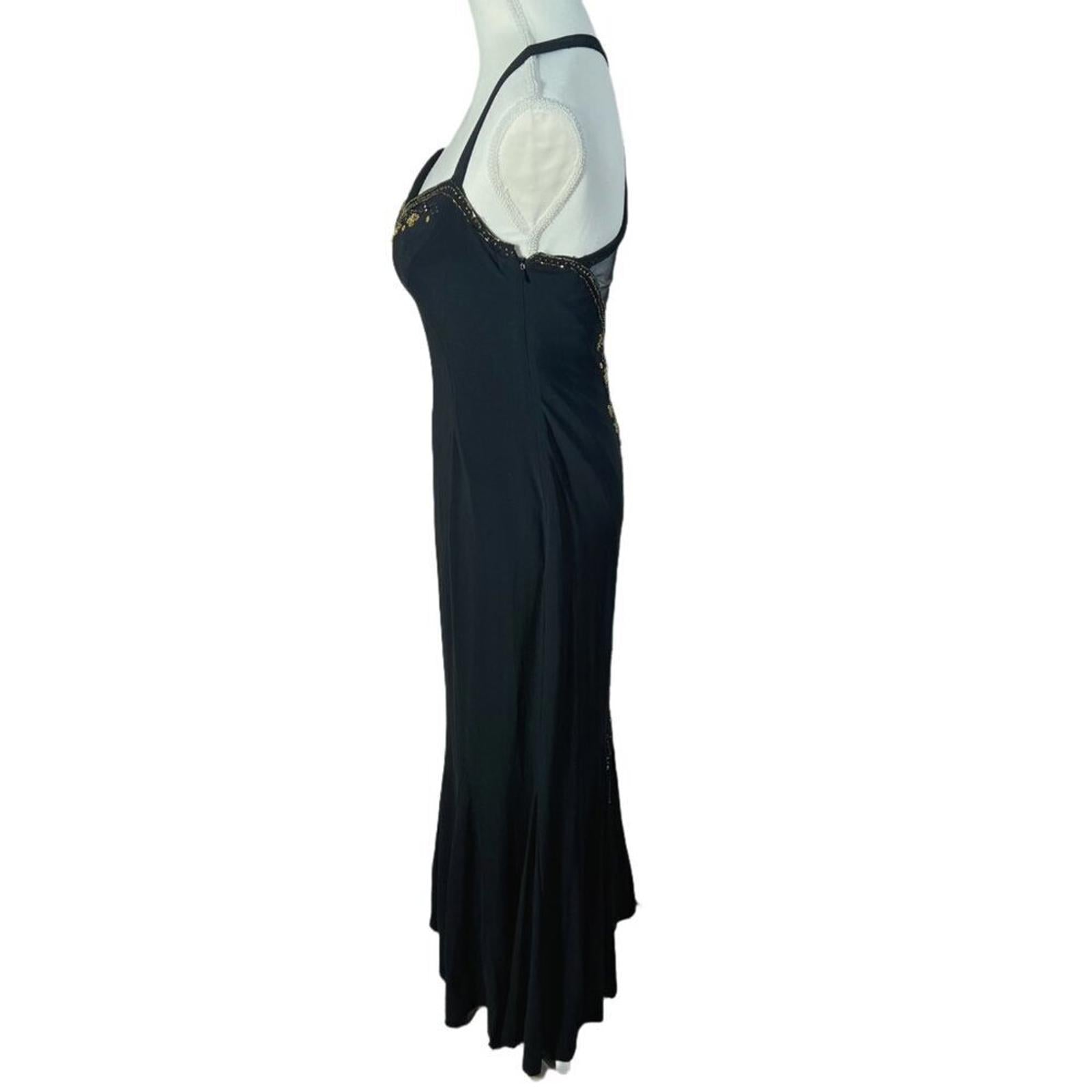 Vintage Dave & Johnny Black Gold Beaded Gown Mesh Detailing Formal Dress Size 8