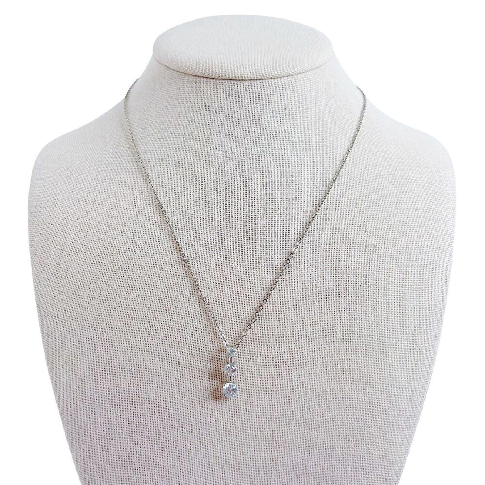 Silver Dainty Necklace Three Clear Stone Rhinestone Crystal Pendant