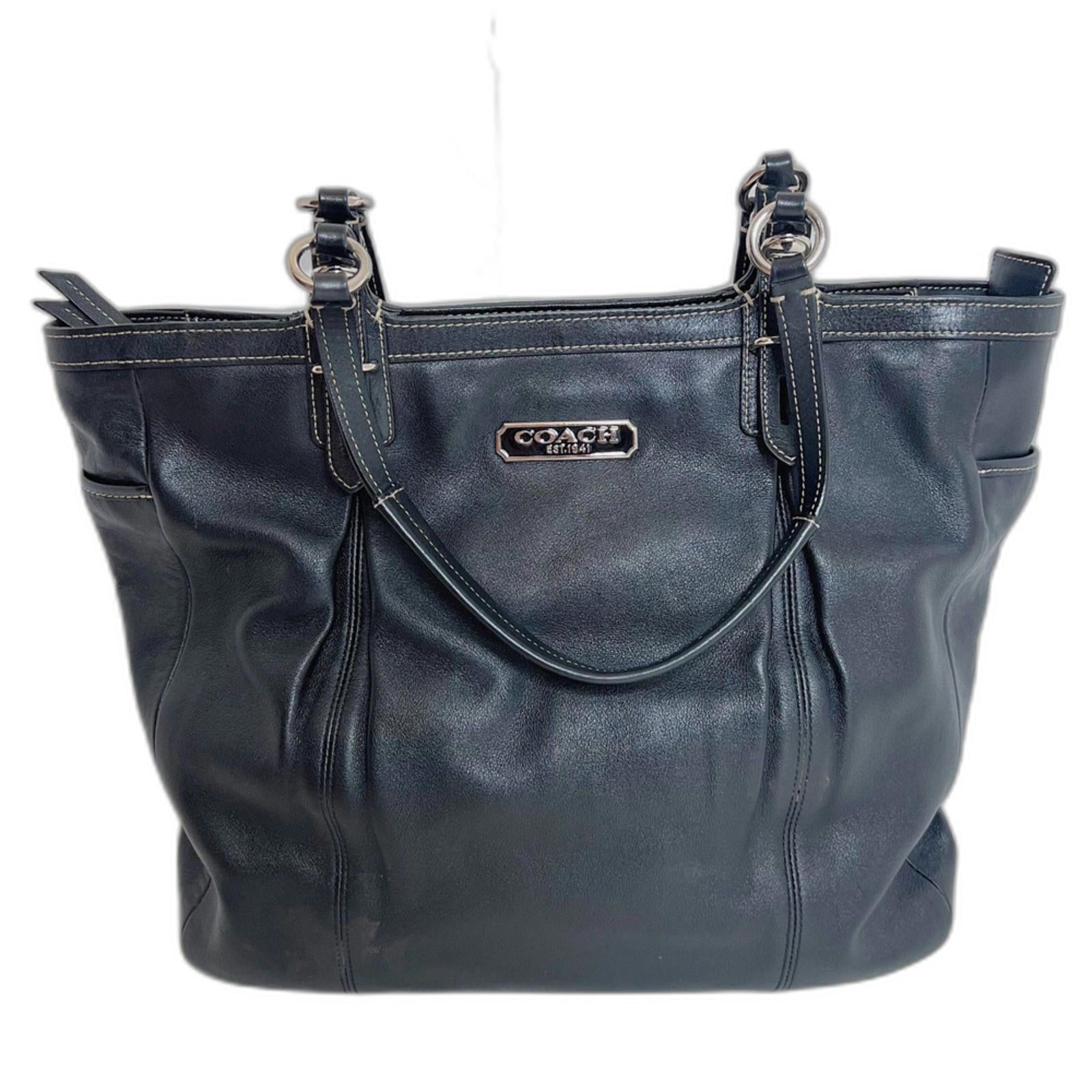 Coach East West Buttery Black Leather Tote Bag Exposed Stitching Purse