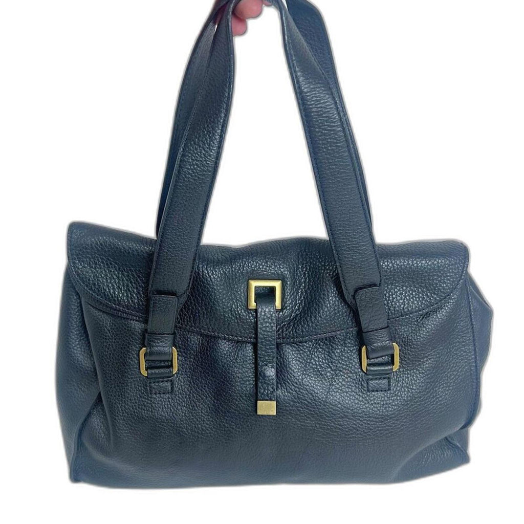 Adrienne Vittadini Black Pebbled Leather Shoulder Bag Gold Hardware Purse