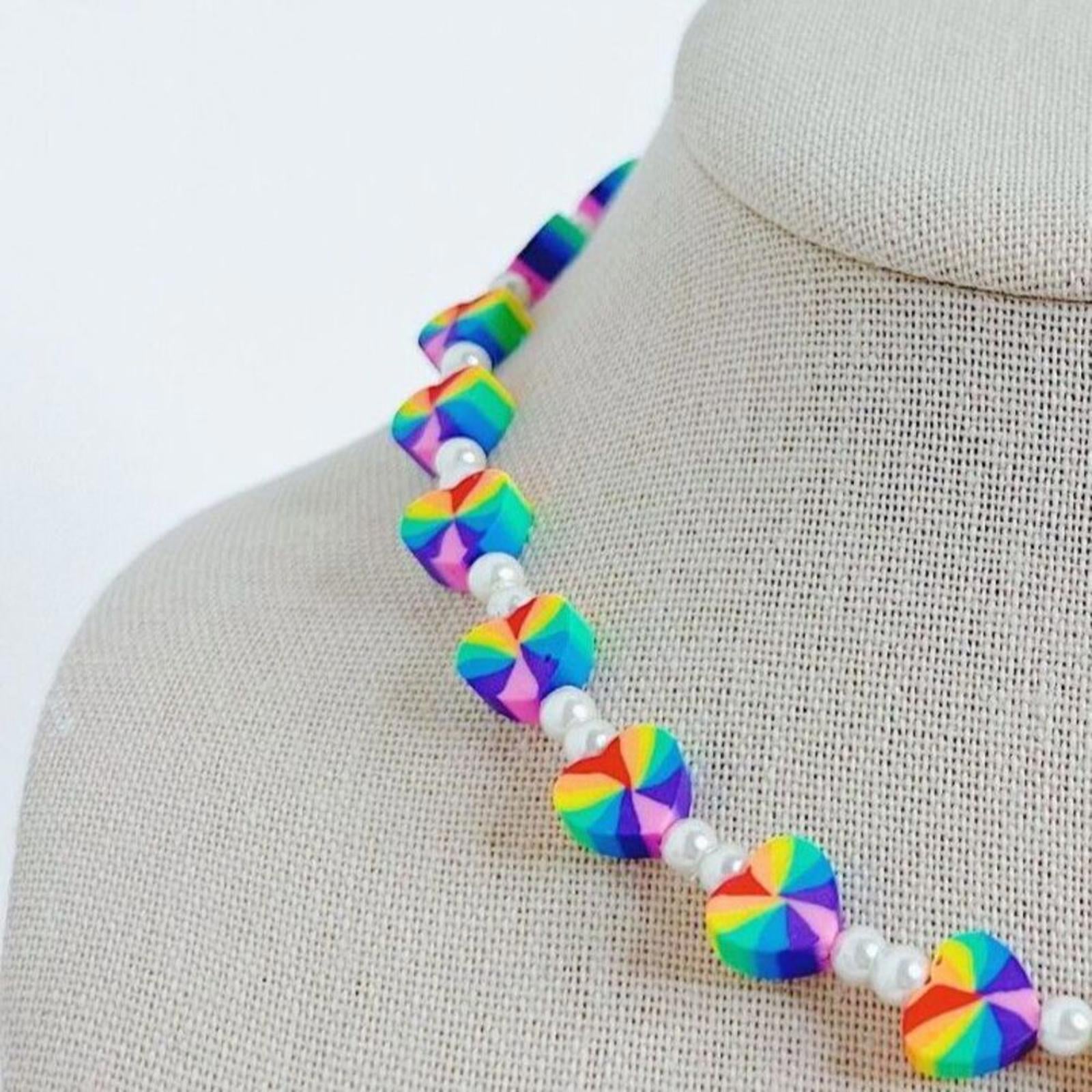 Rainbow Hearts Faux Pearl Beads Necklace Pride Multicolor Colorful Choker