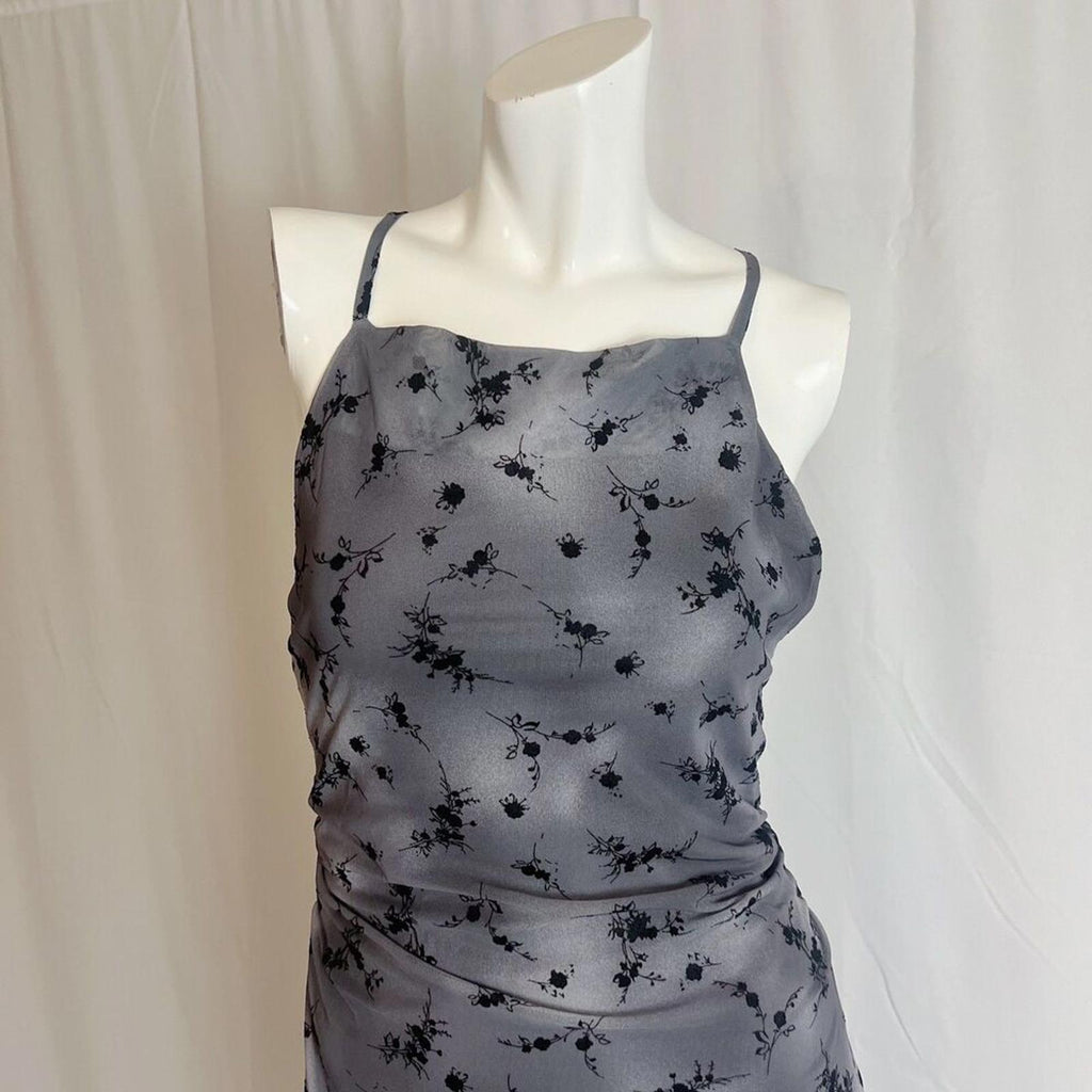 Wild Fable Cross Back Flocked Mesh Midi Slip Dress Grey Black Goth Punk Size M