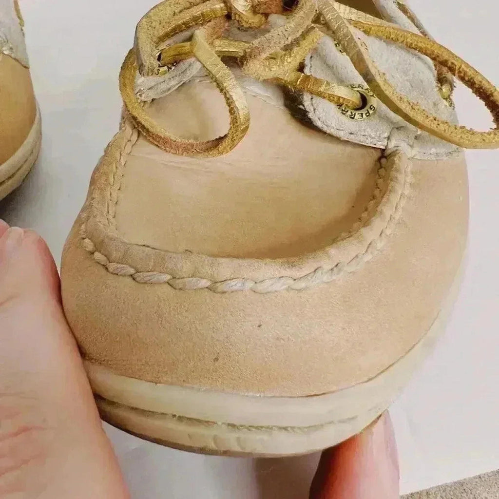Sperry Top-Sider Tan Leather Boat Shoes Gold Details Preppy Old Money Size 9.5