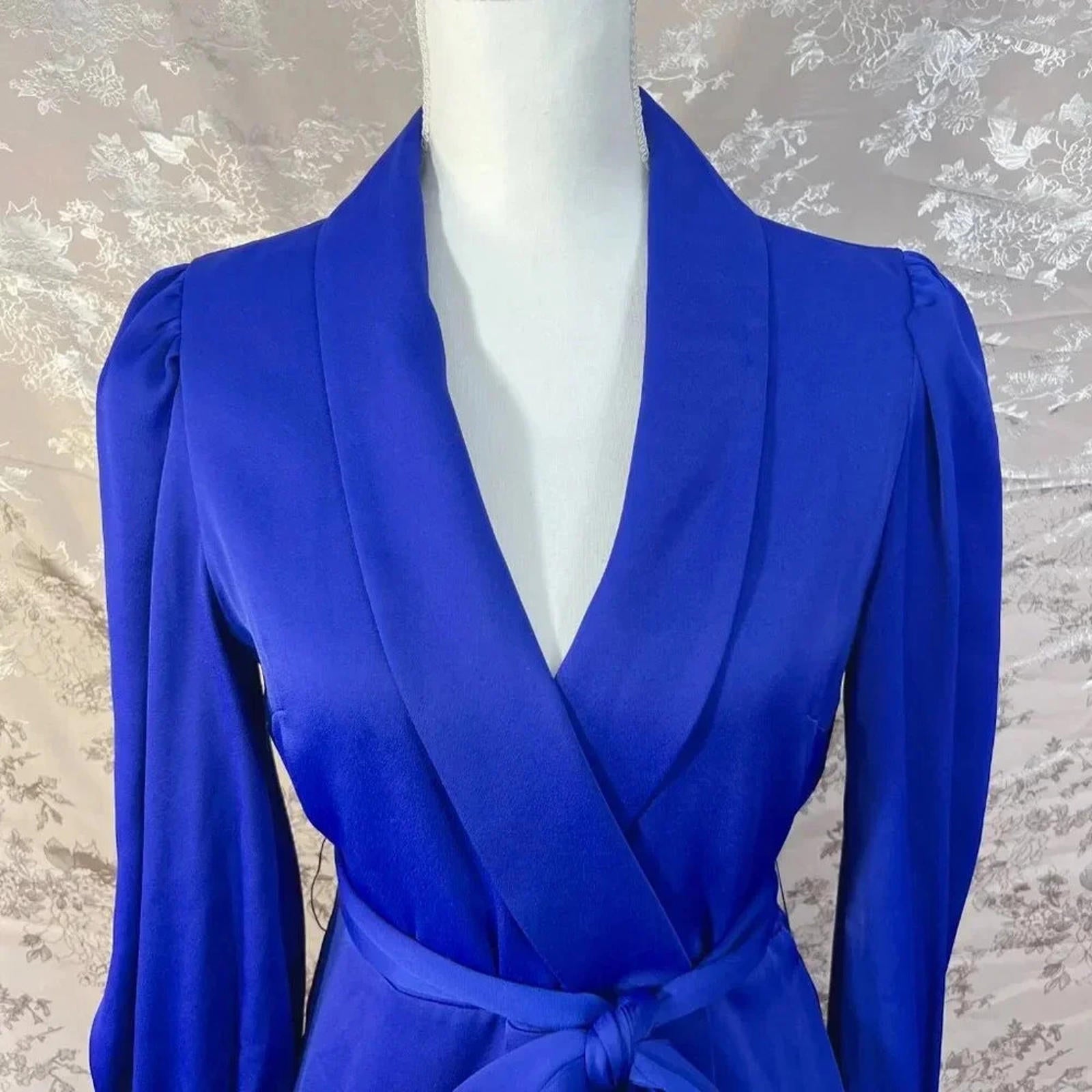 ALEXIA ADMOR Phoebe Ruffle Wrap Dress Blue Satin Dress Women's Size M