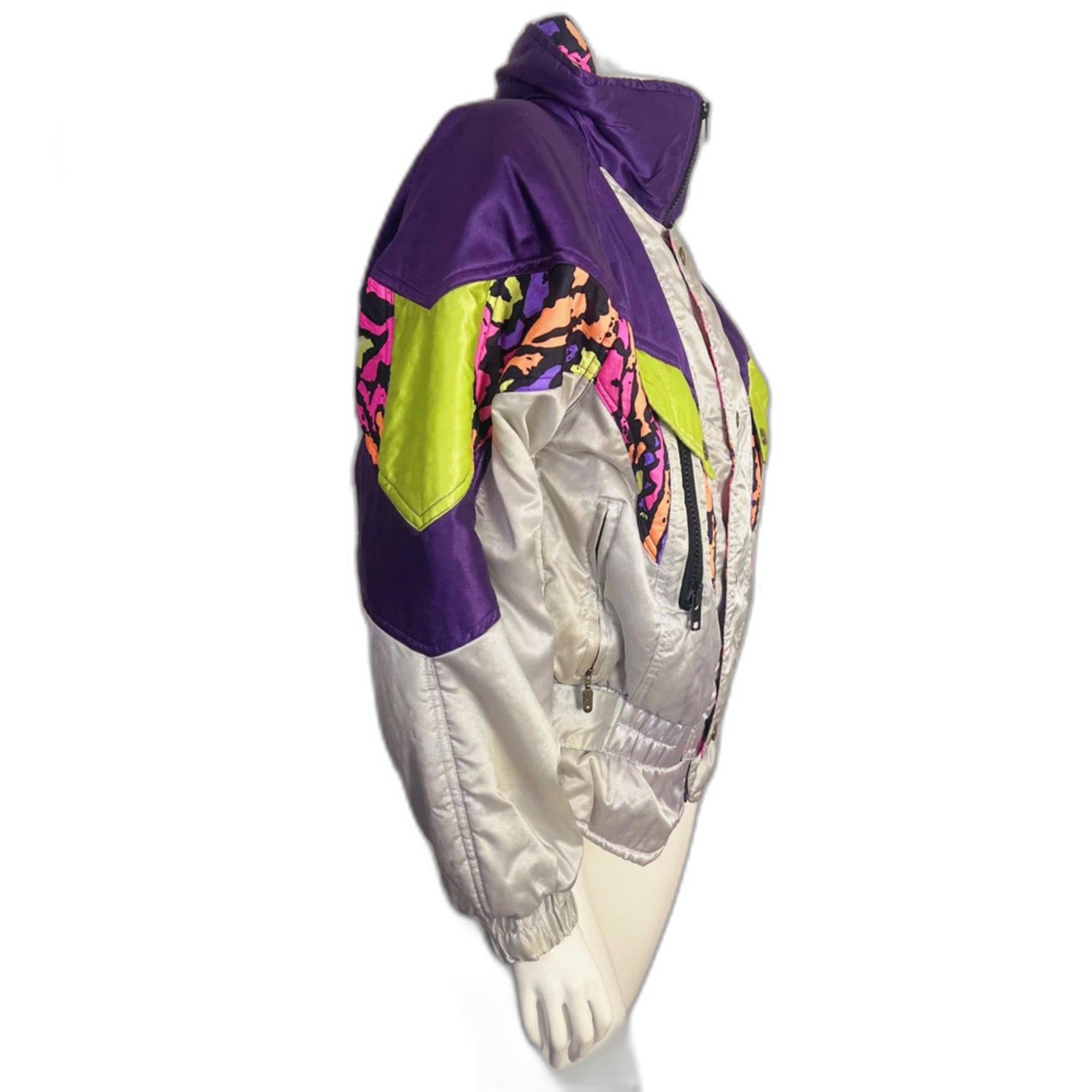 Vintage 90s Ski Jacket Silver Purple Colorful Winter Coat Women's Size S Rave