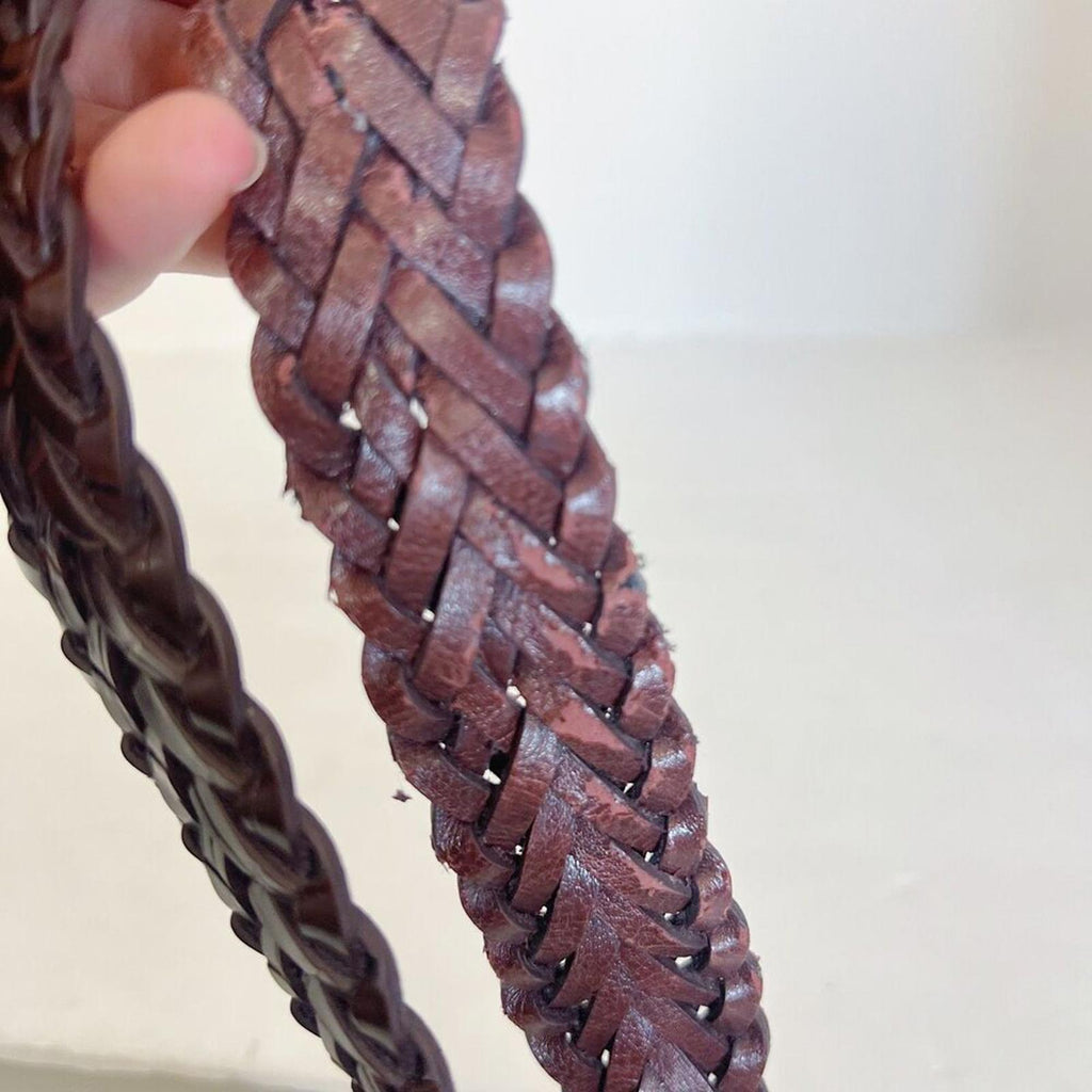 Vintage Brown Leather Braided Belt Silver Statement Buckle Size M