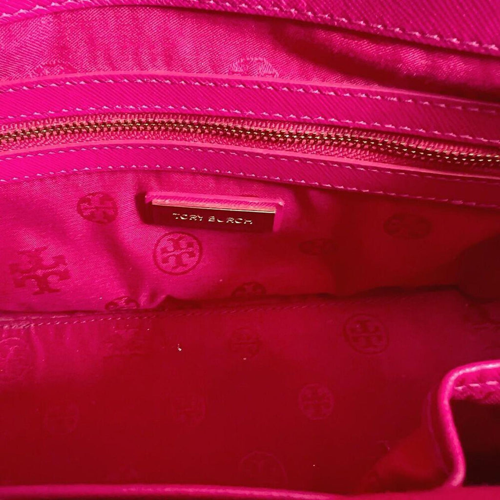 Tory Burch Robinson Fuchsia Double Zip Perforated Handbag Pink Leather Purse