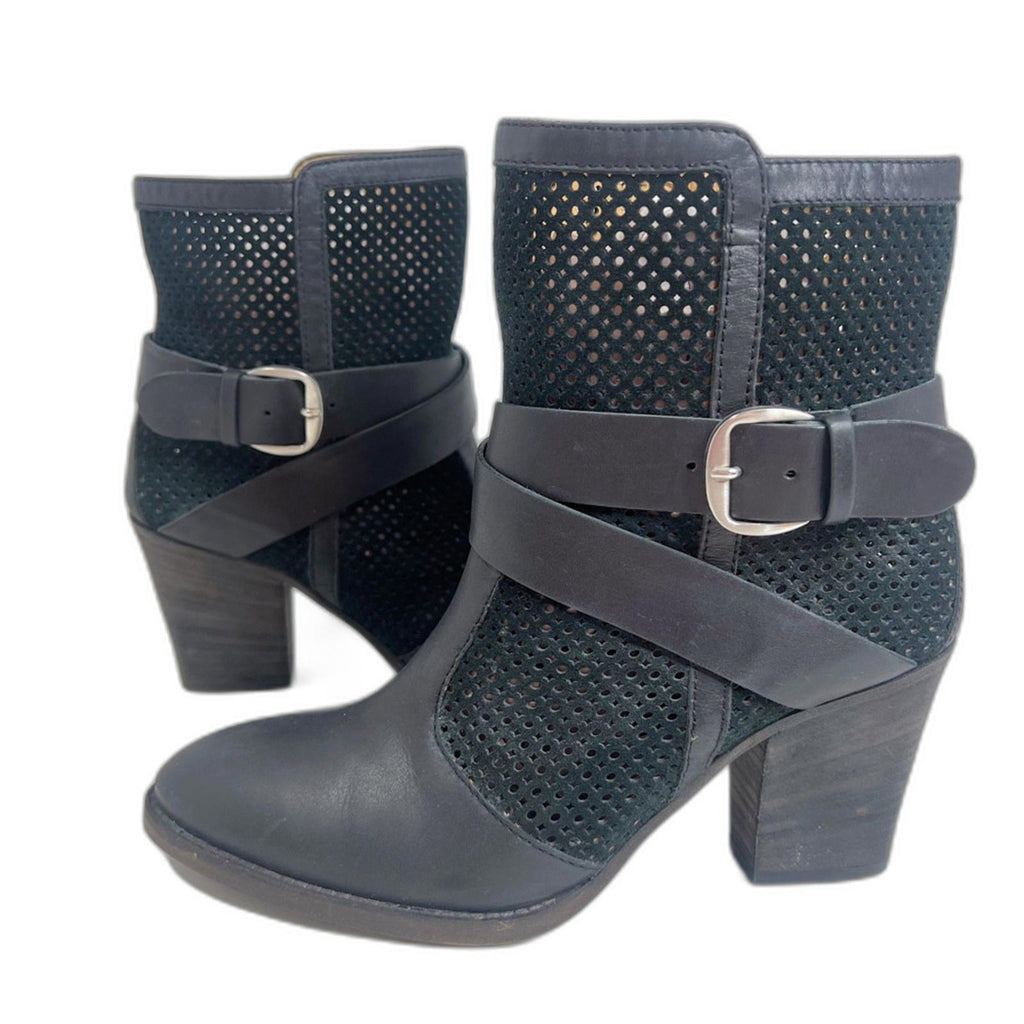 Aquatalia by Marvin K Fawn Black Leather Suede Perforated Ankle Boot Size 8