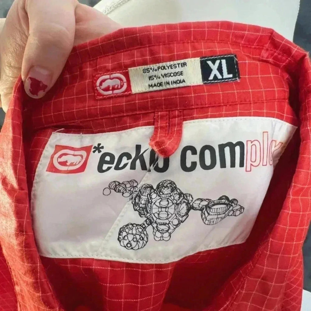 Ecko Unltd. Red Grid Pattern Men's Button Up Streetwear Size XL