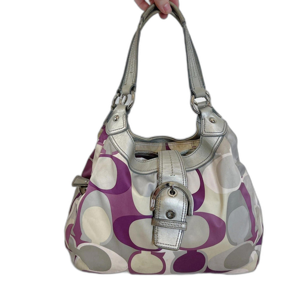 Coach y2k Vintage Signature Soho Satin Scarf Print Purple Silver Monogram Bag