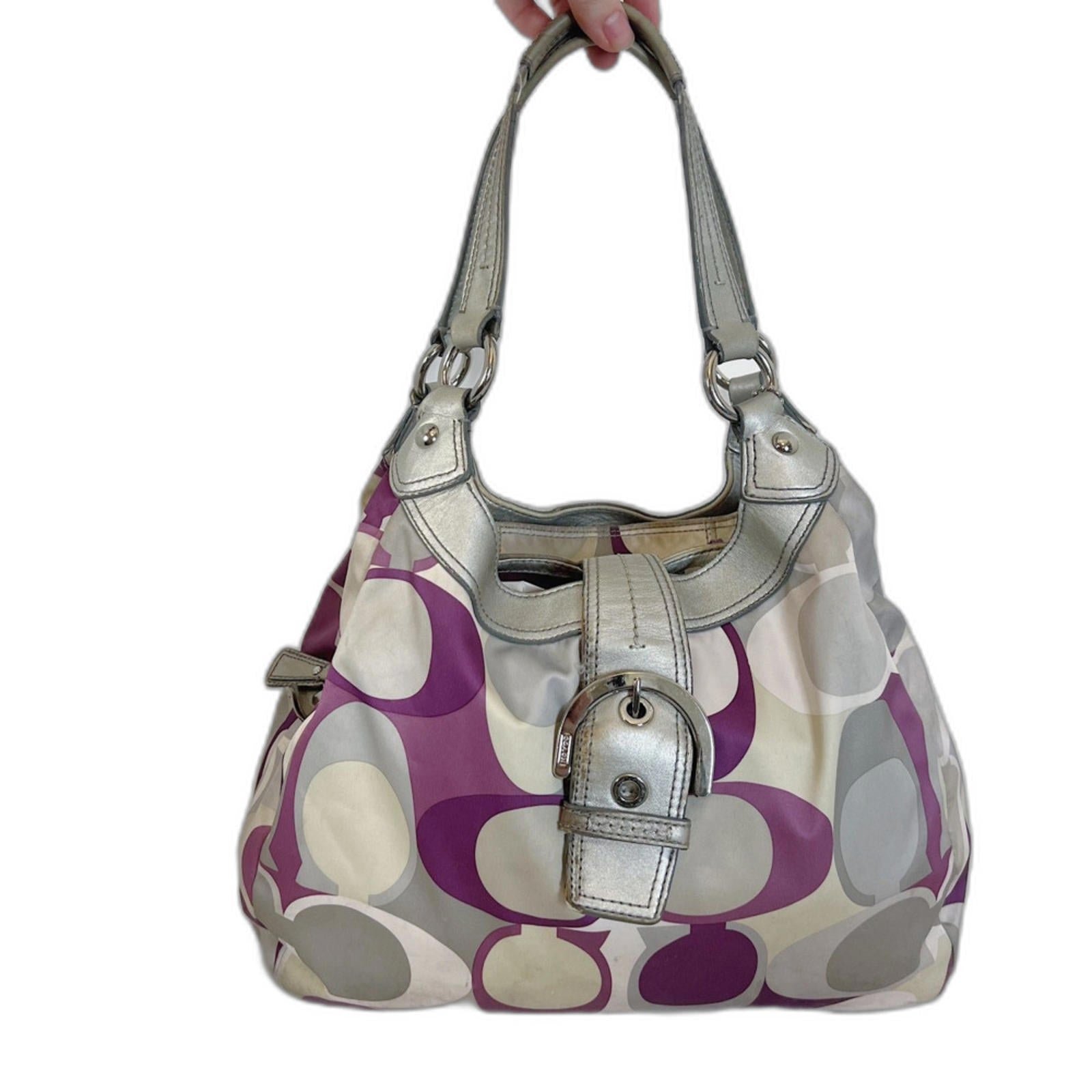 Coach y2k Vintage Signature Soho Satin Scarf Print Purple Silver Monogram Bag