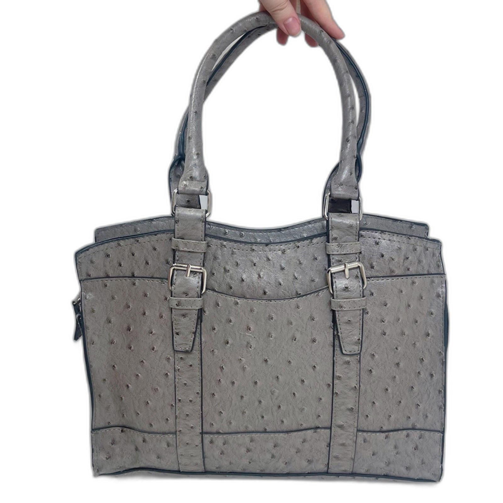 Bueno Fuax Ostrich Leather Grey Handbag Shoulder Bag Exotic Leather Purse
