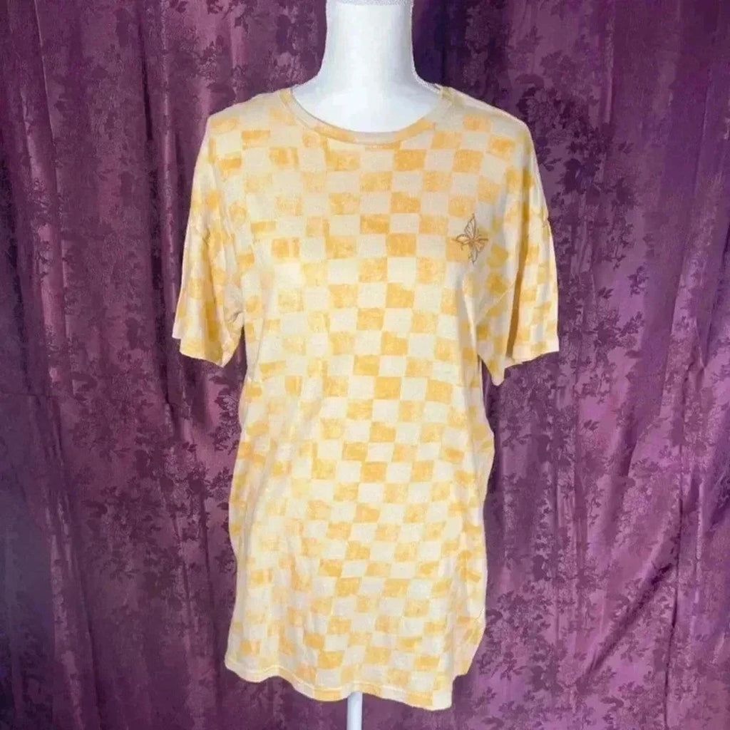 Urban Outfitters Yellow Checkerboard T Shirt Dress With Butterfly Women's Size S