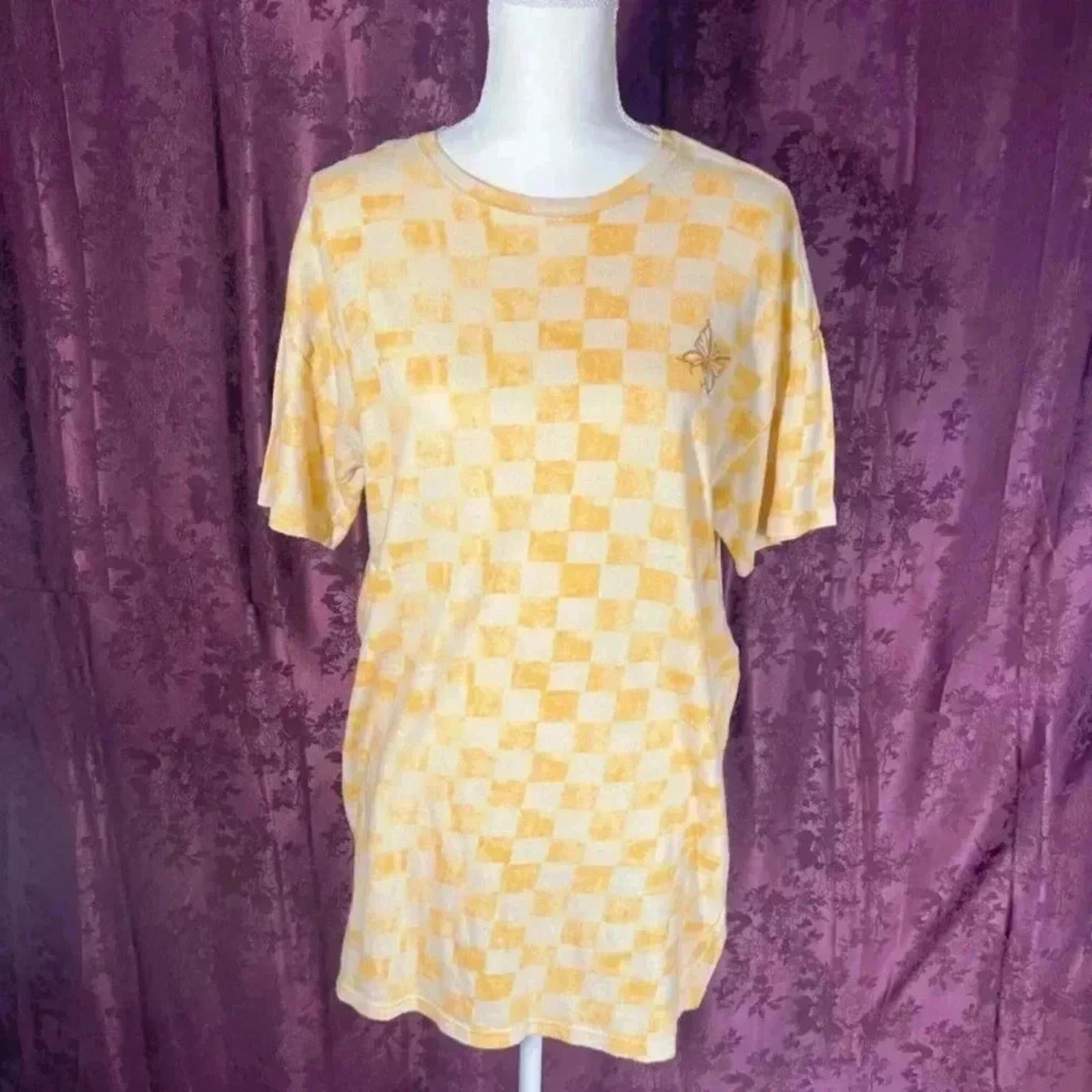Urban Outfitters Yellow Checkerboard T Shirt Dress With Butterfly Women's Size S