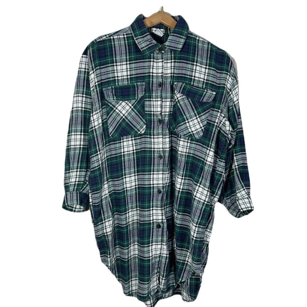 Vintage Charter Club Green Blue White Plaid Flannel Size L