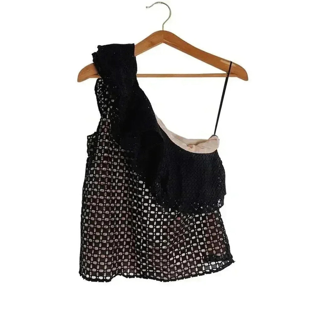 J Crew One Shoulder Black Eyelet Asymmetrical Blouse Lace Women's Size 8