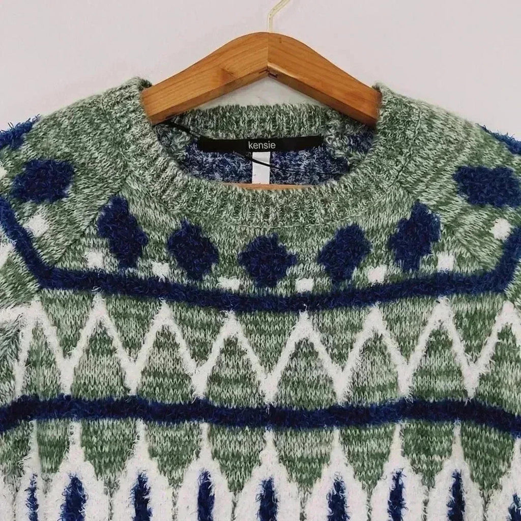 Kensie Green Sweater With Blue White Geometric Print Tassels Knit Size M