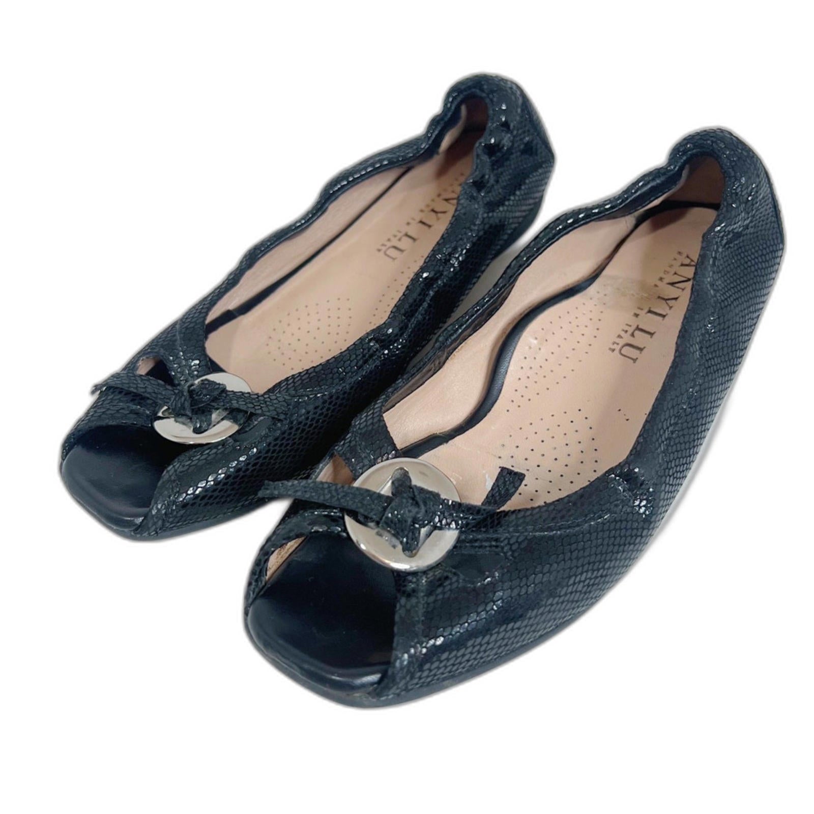 Anyi Lu Harmony Peep Toe Ballet Flat Black Snakeskin Leather Size 36.5 EU 6.5 US