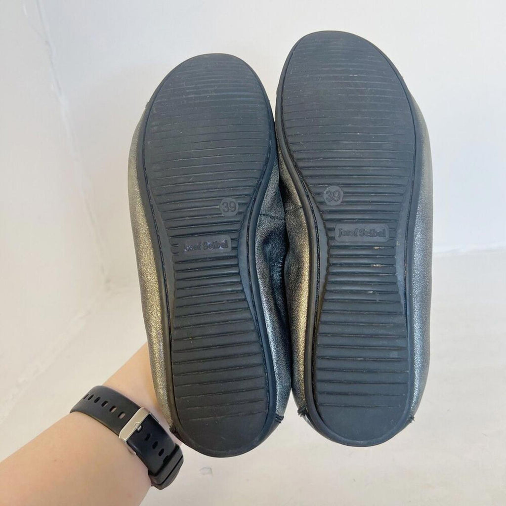 Josef Seibel Women's Cap Toe Ballet Flats Black Patent Leather Silver Size 8 8.5