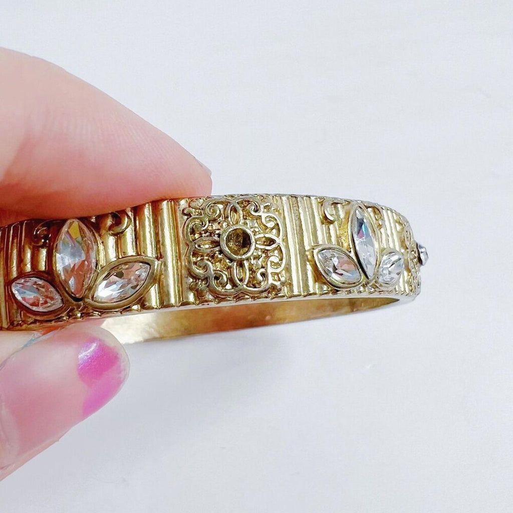 Gold Embossed Bracelet Bangle Rhinestone Flowers Boho Chic Bohemian