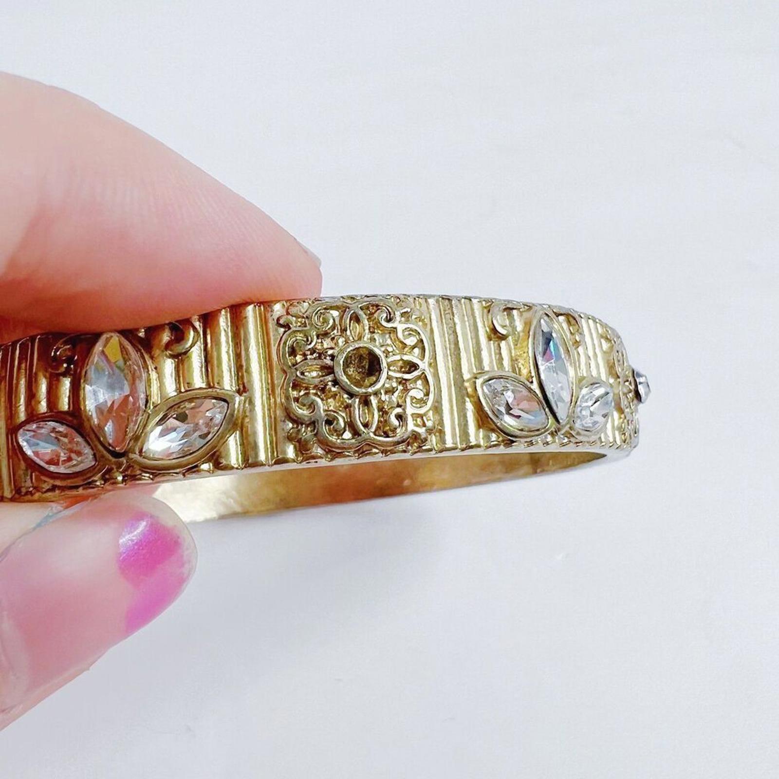 Gold Embossed Bracelet Bangle Rhinestone Flowers Boho Chic Bohemian