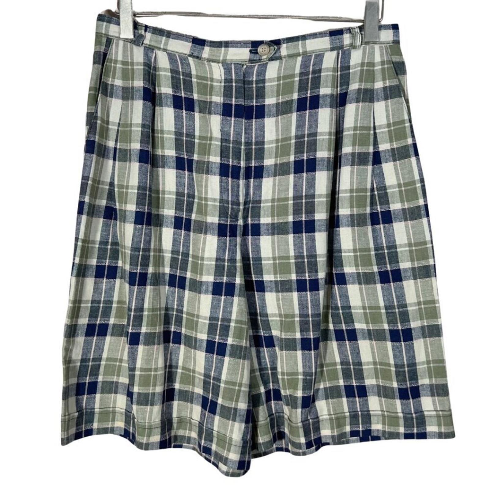 Vintage Tofy Green and Blue Plaid Linen Bermuda Shorts Women's Size 10