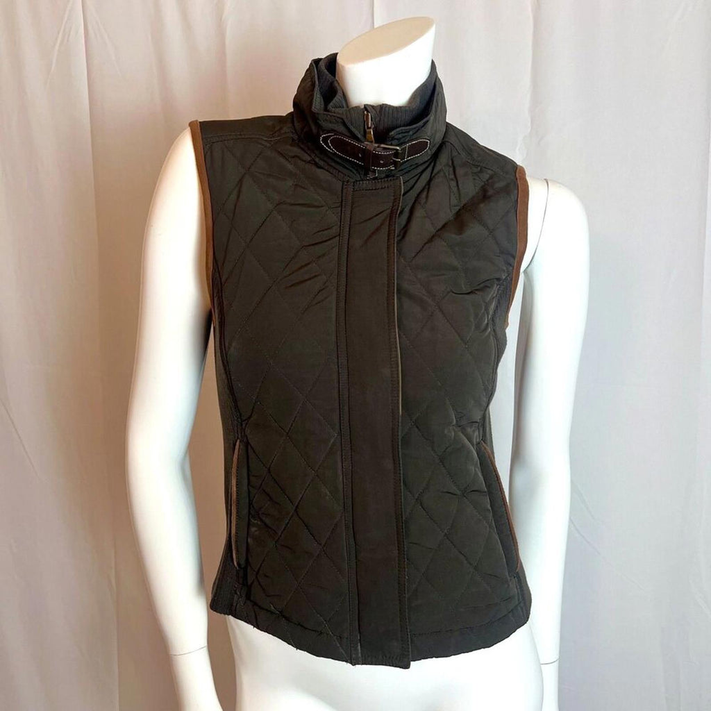 Massimo Dutti Dark Green Quilted Vest Brown Details Punk Steampunk Size S