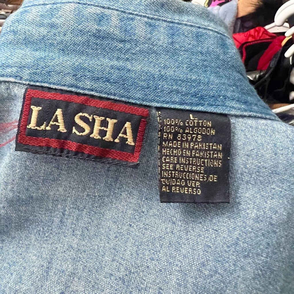 Vintage La Sha Denim Button Up Shirt Rhinestones Western Country Women's Size L