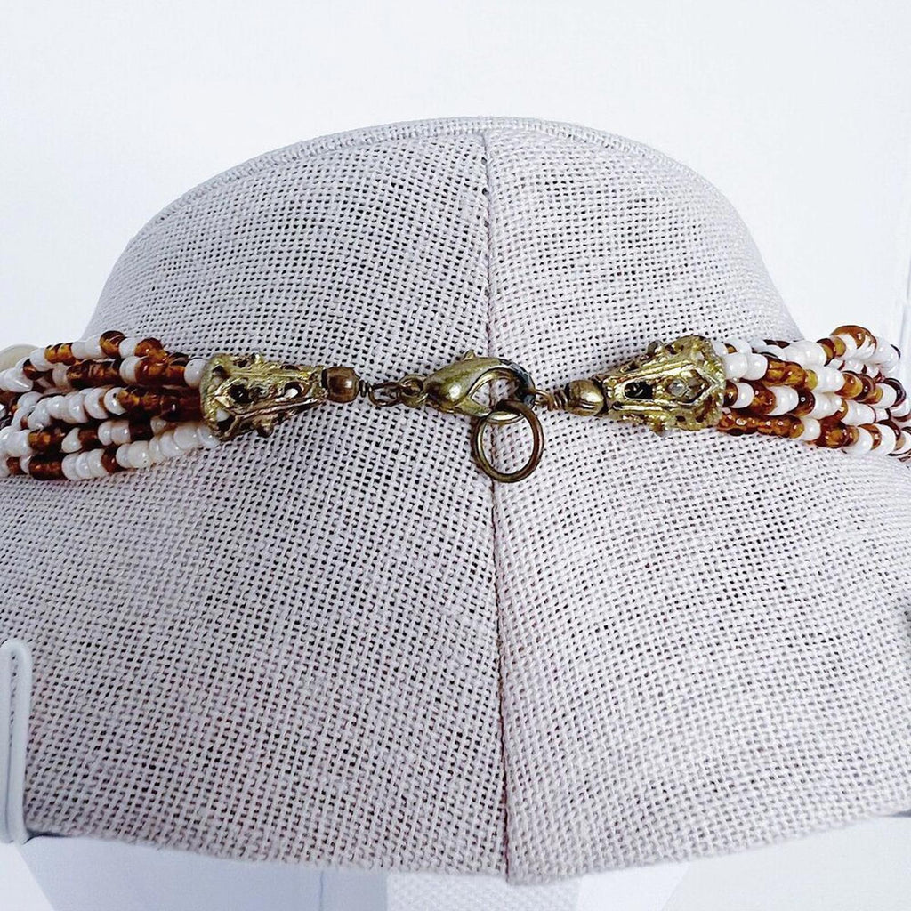 Brown and White Beaded Multistrand Seed Bead Statement Necklace Boho