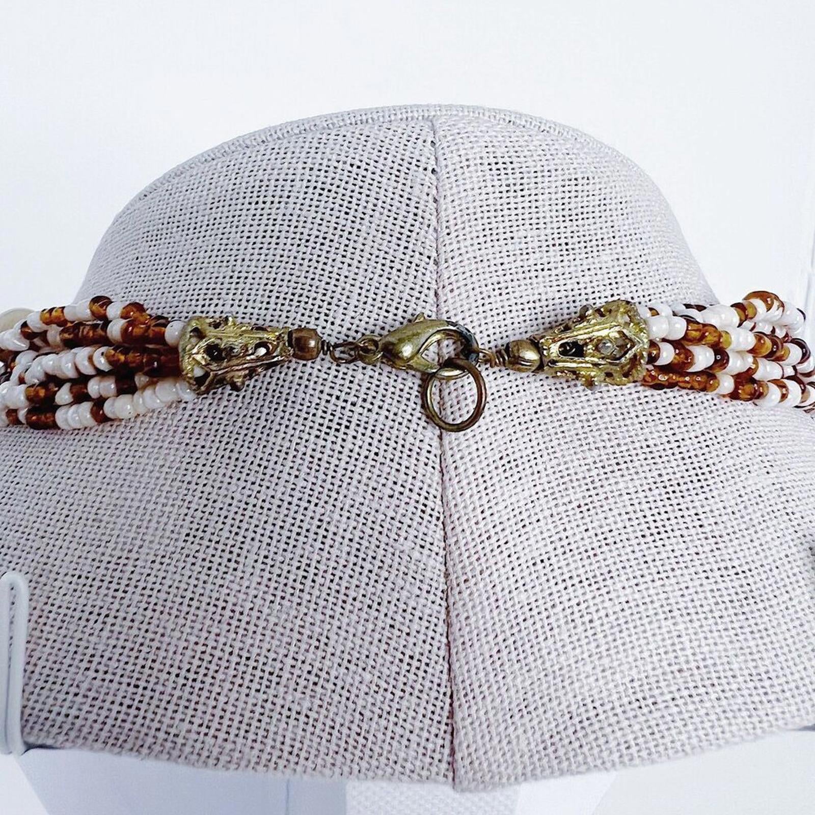 Brown and White Beaded Multistrand Seed Bead Statement Necklace Boho