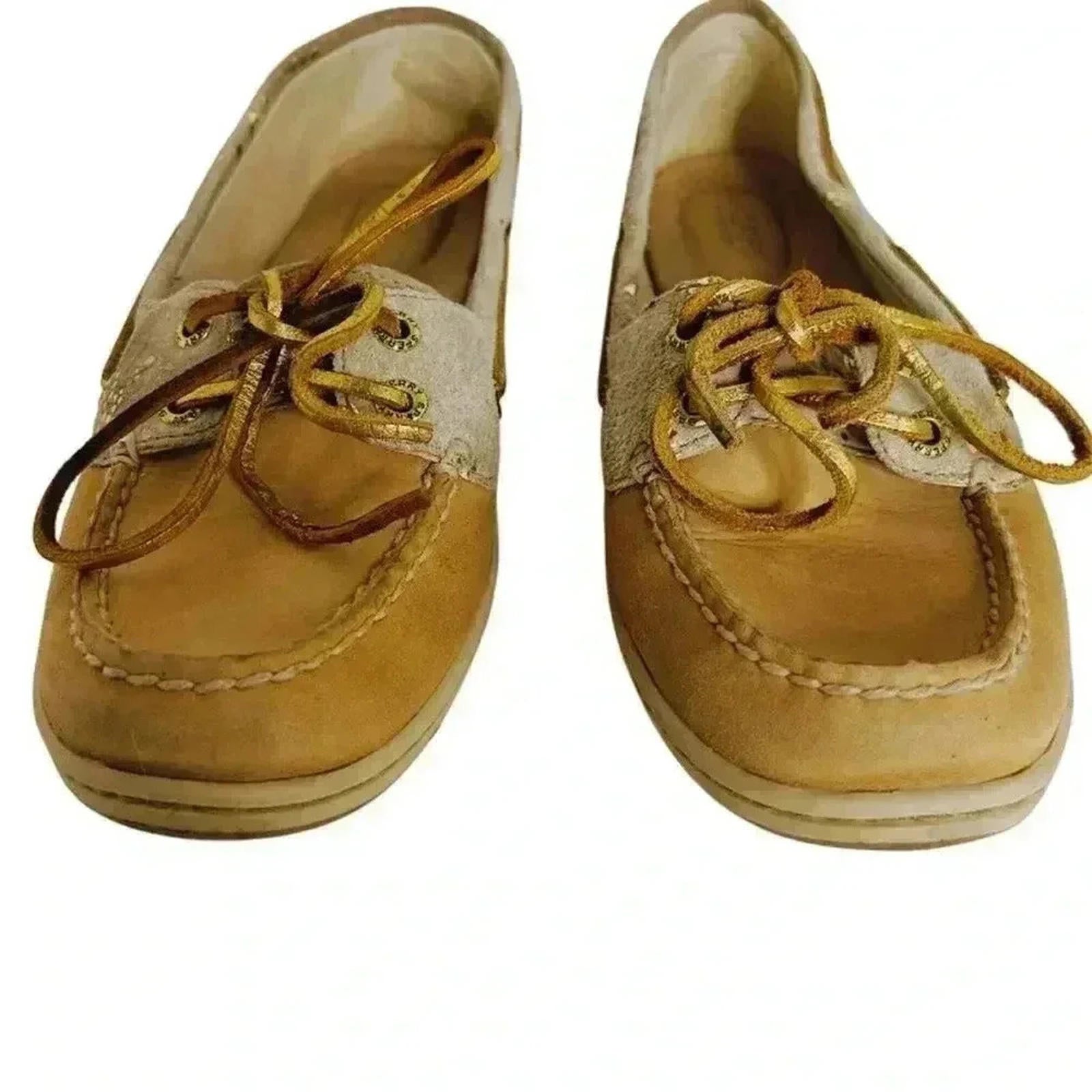 Sperry Top-Sider Tan Leather Boat Shoes Gold Details Preppy Old Money Size 9.5