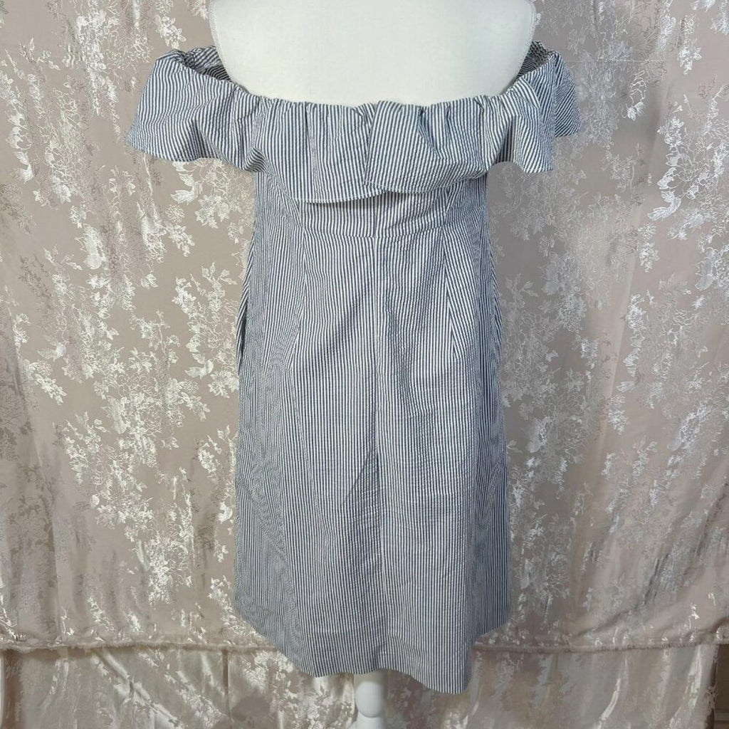 Banana Republic Seersucker Off Shoulder White Grey Striped Ruffle Dress Size 8