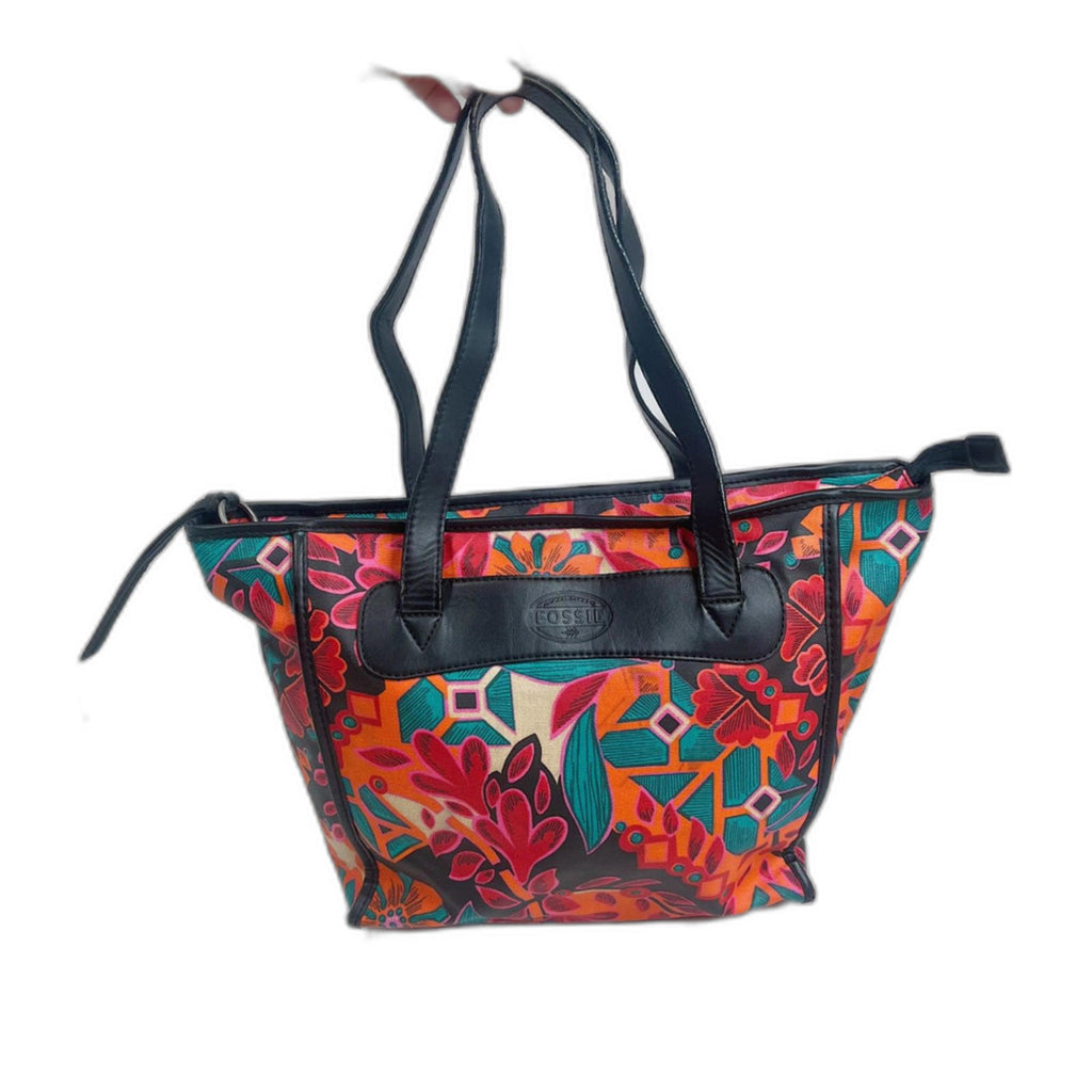 Fossil KeyPer Orange and Pink Flower Floral Tote Bag Black Leather Purse