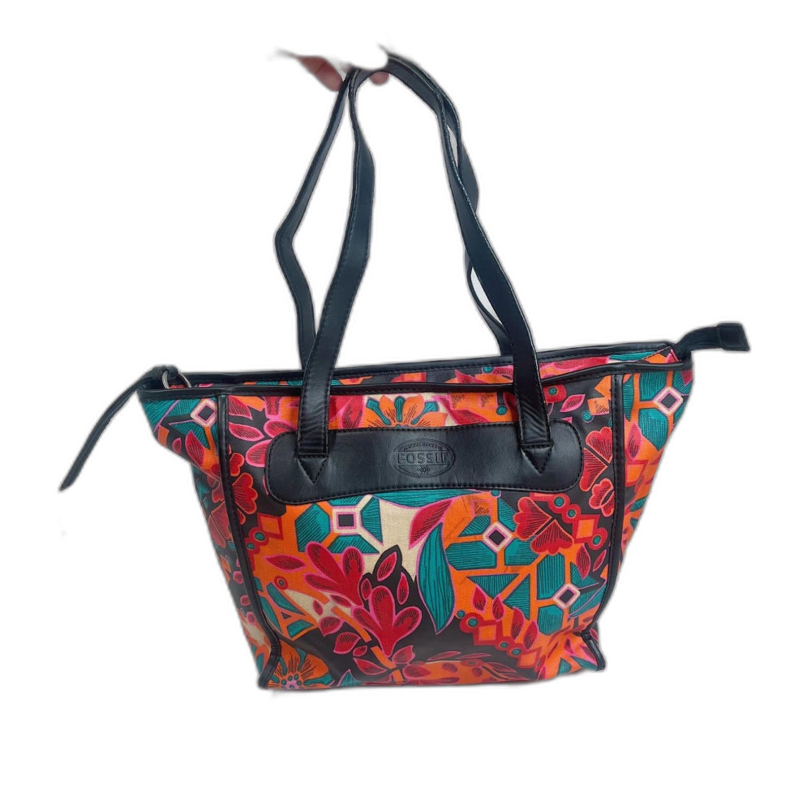Fossil KeyPer Orange and Pink Flower Floral Tote Bag Black Leather Purse